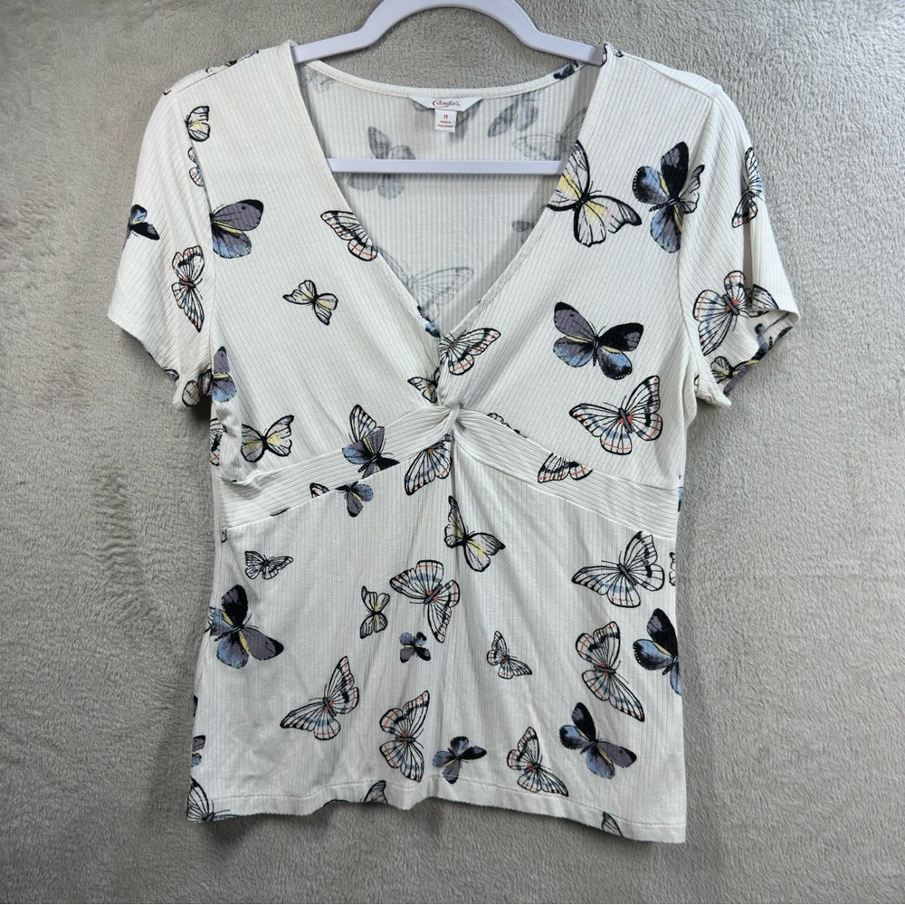 Y2K VTG Candie’s Butterfly Print Babydoll Top Short Sleeve Sz M V-neck